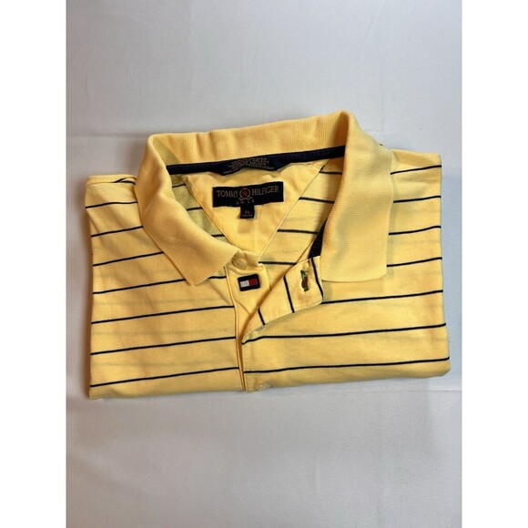 Tommy Hilfiger Polo Shirt Waffle Knit Polo Stripe Yellow Blue Box Crest Men's XL - Picture 3 of 3